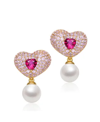 Genevive Sterling Silver & 14K Gold-Plated Ruby Cubic Zirconia Heart Earrings with Pearl Butterfly Drops