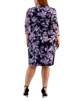 Connected Plus Floral-Print 3/4-Sleeve Faux-Wrap Dress