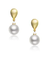 Genevive Cubic Zirconia Sterling Silver Brushed Gold Plated Pearl Drop Earrings