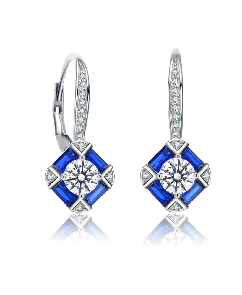 Genevive Sterling Silver White Gold Plated and Sapphire Cubic Zirconia Leverback Earrings