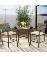 Costway 3PCS Patio Rattan Bar Furniture Set Slat Table 2 Cushioned Stools Poolside