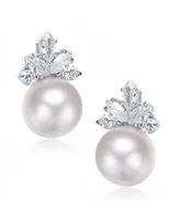 Genevive Elegant Fresh Water Pearl Marquise Earrings in Sterling Silver White Gold Plating with Cubic Zirconia