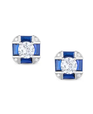 Genevive Sterling Silver White Gold Plated with Blue Sapphire & Vintage Cushion Geometric Stud Earrings