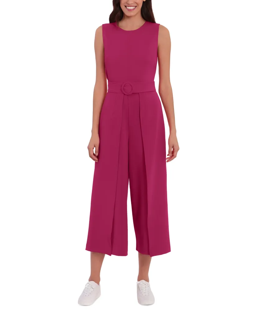 London Times Women's Jewel Neck Belted Cropped Jumpsuit