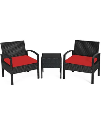 Costway 3PCS Patio Rattan Furniture Set Coffee Table & Chairs with Seat Cushions Garden