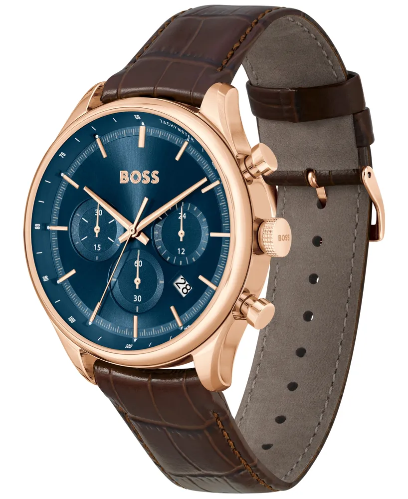 Hugo Boss Men's Gregor Quartz Chronograph Brown Mock Genuine-Grained Leather Strap Watch 45mm