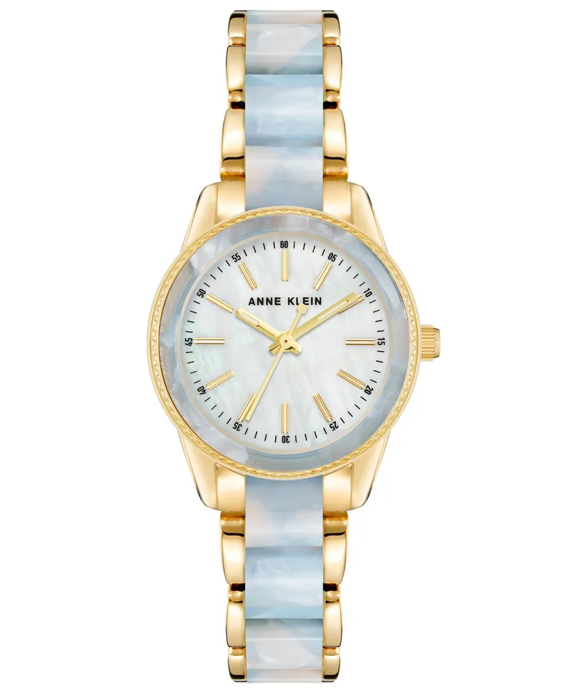 Anne Klein Women's Three Hand Quartz Gold-tone Alloy and Light Blue Marbled Acrylic Link Bracelet Watch, 30mm - Rose Gold