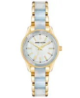 Anne Klein Women's Three Hand Quartz Gold-tone Alloy and Light Blue Marbled Acrylic Link Bracelet Watch, 30mm - Rose Gold