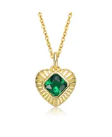 Genevive Sterling Silver 14k Yellow Gold Plated with Emerald Cubic Zirconia Sunray Heart Pendant Necklace