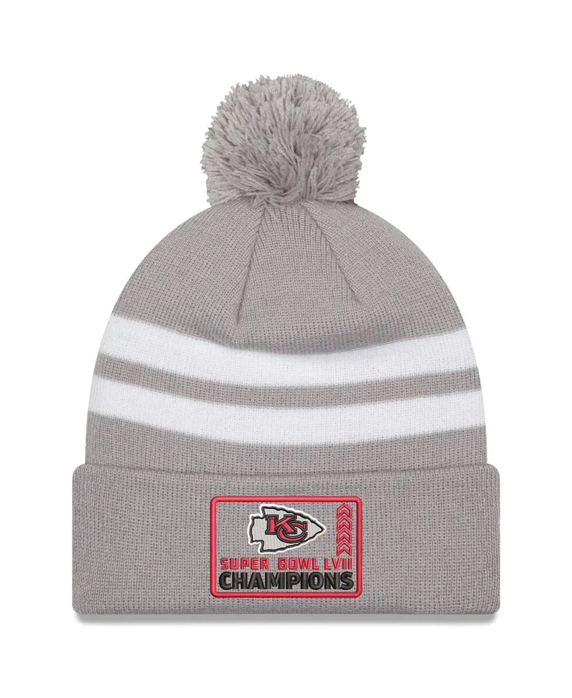 Men's New Era Gray Kansas City Chiefs Super Bowl Lvii Champions Top Stripe Cuffed Pom Knit Hat