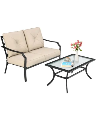 Costway 2 Pcs Patio Loveseat with Coffee Table Outdoor Sofa Bench with Cushions
