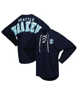 Women's Fanatics Deep Sea Blue Seattle Kraken Spirit Lace-Up V-Neck Long Sleeve Jersey T-shirt