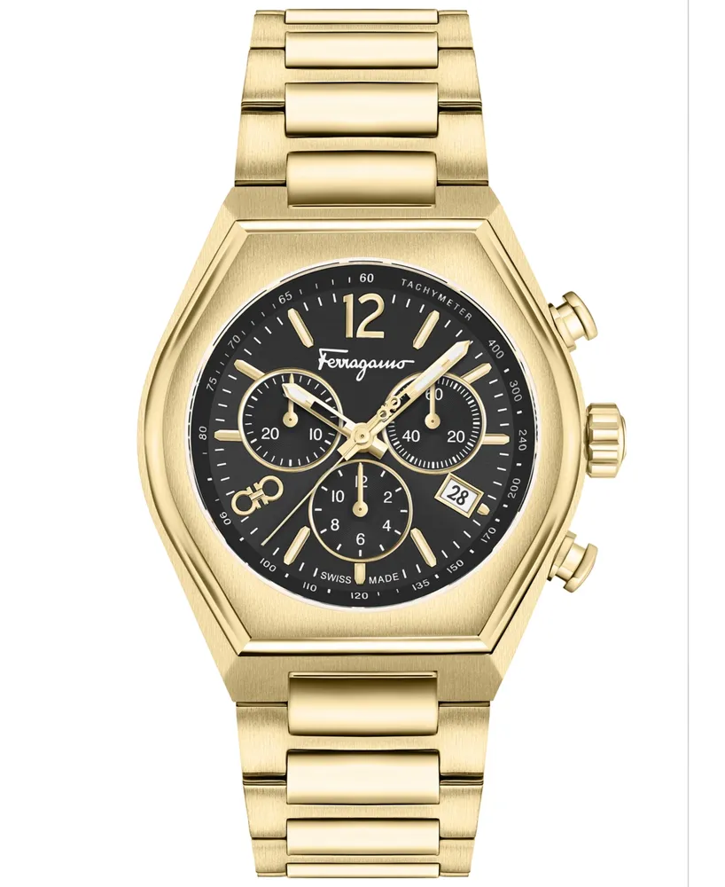 Salvatore Ferragamo Men's Swiss Chronograph Tonneau Gold Ion Plated Stainless Steel Bracelet Watch 42mm