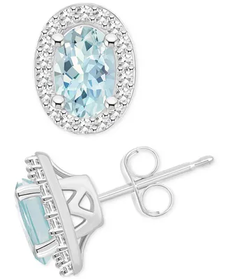 Aquamarine (3/4 ct. t.w.) & Diamond (1/6 Oval Halo Stud Earrings Sterling Silver (Also Opal)