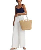 Lauren Ralph Brie Leather-Trim Straw Medium Tote Bag