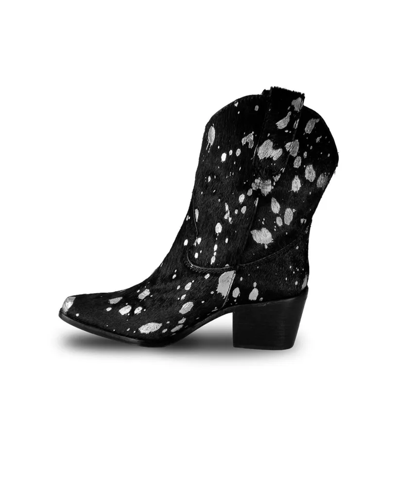Women's Black Leather Western Boots With Silver Splashes, Calf By Bala Di Gala