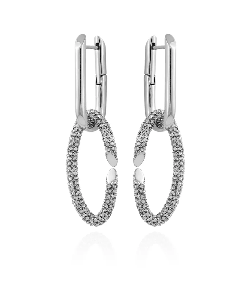 Vince Camuto Silver-Tone Glass Stone Double Link Oval Hoop Drop Earrings