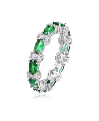 Genevive Sterling Silver White Gold Plated with Emerald & Cubic Zirconia Chunky Eternity Band Ring