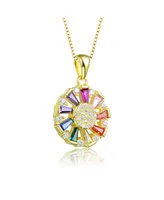 Genevive Sterling Silver Round and Baguette colored Cubic Zirconia Wreath Pendant Necklace