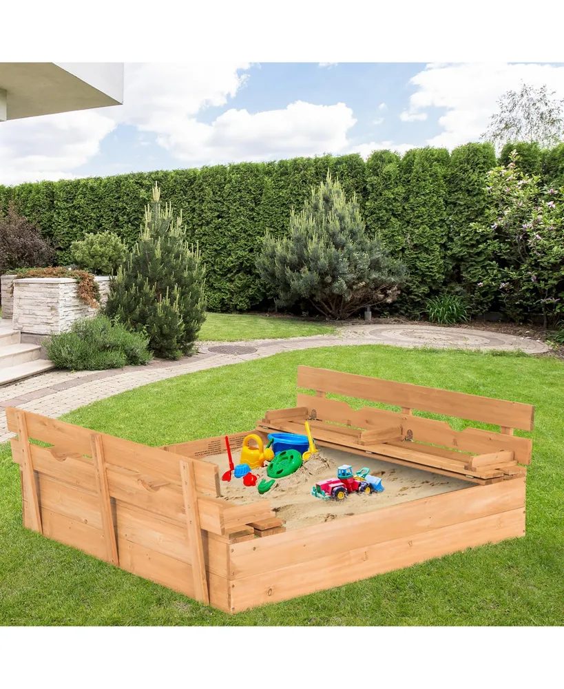 Kids Large Wooden Sandbox w/Cover 2 Convertible Bench Seats for Outdoor Play