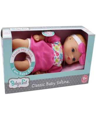 Baby's First by Nemcor Goldberger Doll 11" Classic Softina with Pink Foral Jumper Headband