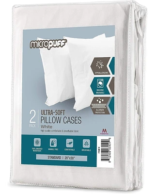 Micropuff 100% Microfiber Pillow Cases - White- 2 Pack