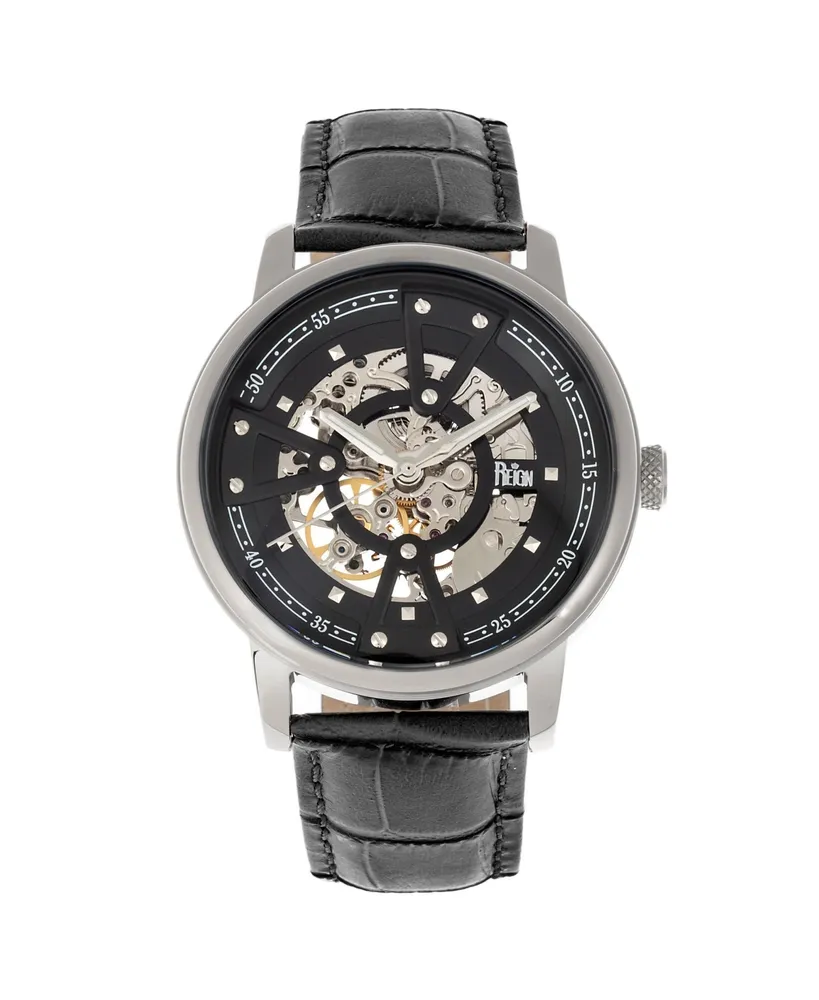 Reign Men Belfour Leather Watch - Silver/Black, 44mm