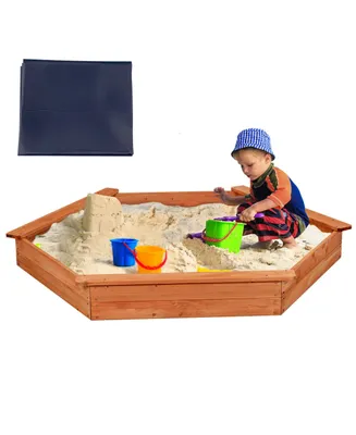 Costway Hexagon Wooden Cedar Sand Box w Seat Boards & Cover & Ground Liner