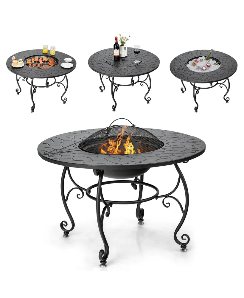 35.5'' Patio Fire Pit Dining Table Charcoal Wood Burning W/ Cooking Bbq Grate