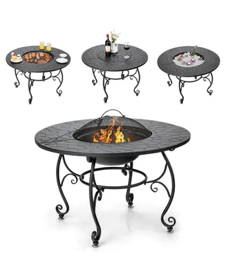 35.5'' Patio Fire Pit Dining Table Charcoal Wood Burning W/ Cooking Bbq Grate