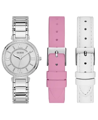 Guess Women's Analog Silver-Tone Stainless Steel Watch with Pink, White Suede and Leather Strap Gift Set 36mm