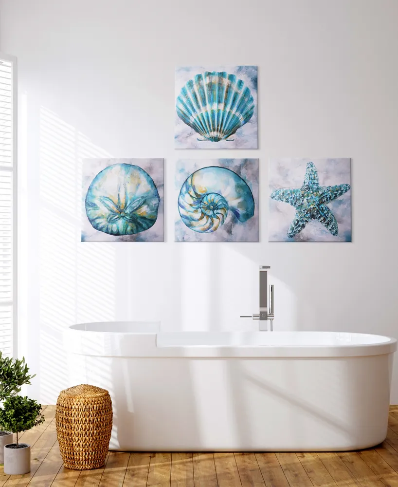 American Art Decor Coastal Beach Seashells Starfish 4 Piece Canvas Art Set, 20" x 20"