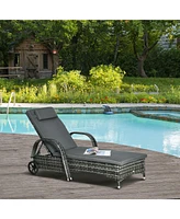 Outsunny Reclining Chaise Lounge Chair, Thickly Cushioned, Headrest, Armrests, Rolling Outdoor Plastic Rattan Sun Bathing Chair with Wheels for Poolsi