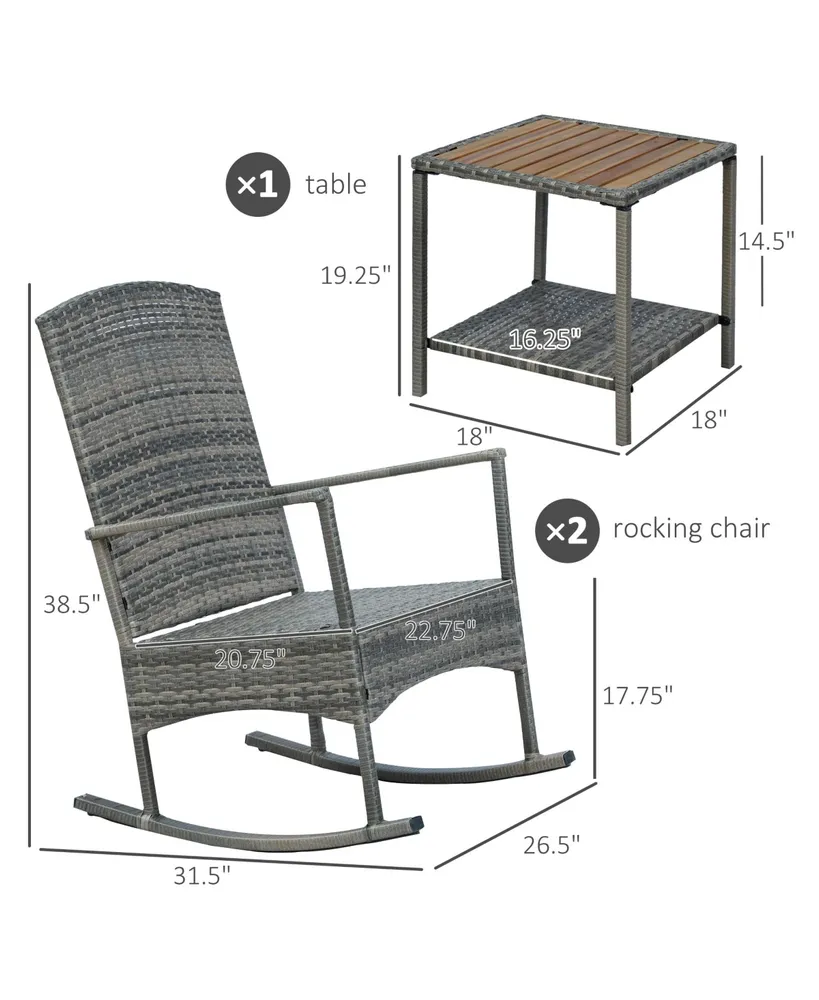 Outsunny 3 Piece Patio Rocking Chair Set, 2 Pe Wicker Rocking Chairs, Cushioned