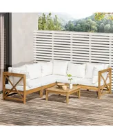 Outsunny Patio Conversation Furniture Set, Acacia Wood, 5 Seats, 6 Piece Outdoor Modular Sectional Sofa, Coffee Table, 3 Corner Segments, 2 Chair Segm