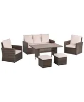 Outsunny 6 Pcs Patio Dining Set All Weather Rattan Wicker Furniture Set with Wood Grain Top Table and Soft Cushions