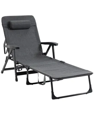 Outsunny Outdoor Folding Chaise Lounge Chair, Mesh Fabric Pool Chair with Adjustable Backrest, Pillow and Cup Holder for Poolside, Deck, and Backyard,