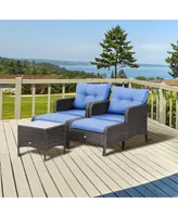 Outsunny 5 Piece Outdoor Patio Conversation Set, Rattan Wicker Lounge Chair with 2 Ottomans, 2 Cushioned Chairs & Tempered Glass Top Coffee Table, Blu