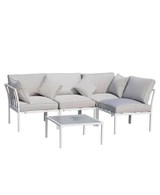 Outsunny 5 Piece Outdoor Furniture Patio Conversation Seating Set, 2 Sofa Chairs, & Coffee Table, White