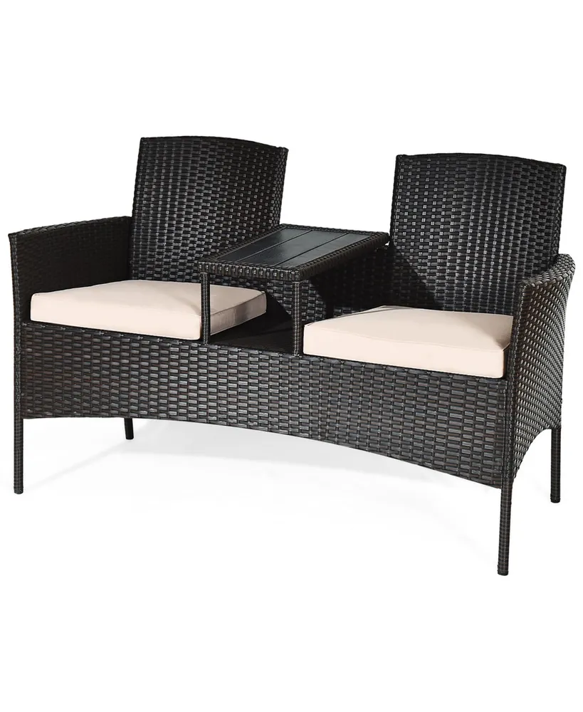 Patio Rattan Conversation Set Loveseat Sofa Cushioned Coffee Table