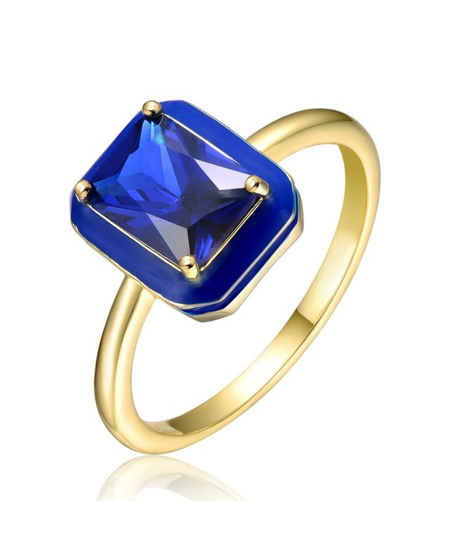 Rachel Glauber Ra 14k Yellow Gold Plated with Sapphire Cubic Zirconia Blue Enamel Radiant Halo Ring