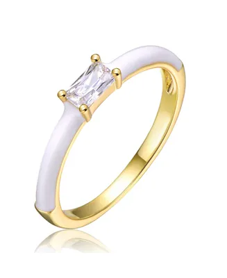 Rachel Glauber Ra Young Adults/Teens 14k Yellow Gold Plated with Baguette Cubic Zirconia Solitaire White Enamel Slim Stacking Ring
