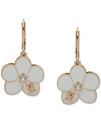Karl Lagerfeld Paris Gold-Tone Pave White Flower Logo Drop Earrings