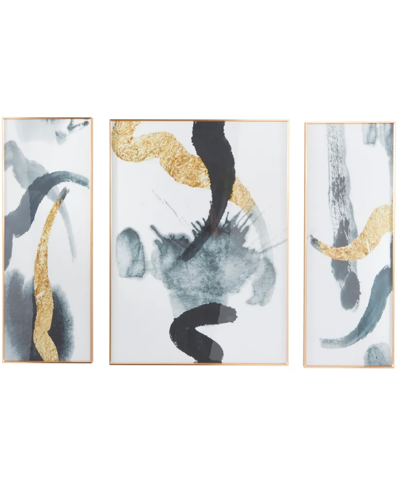 CosmoLiving by Cosmopolitan White Porcelain Abstract Framed Wall Art with Gold-Tone Aluminum Frame Set of 3, 15.7" x 1.5" x 35.5"