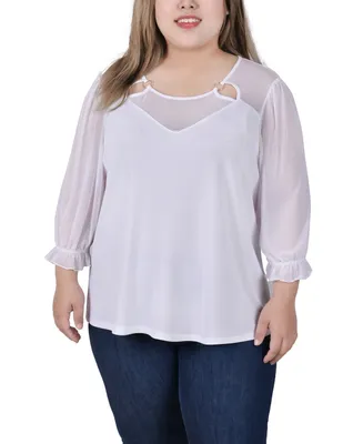 Ny Collection Plus Size 3/4 Sleeve Ringed Top with Mesh