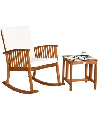 2PCS Acacia Wood Patio Rocking Chair Set Cushioned Coffee Table