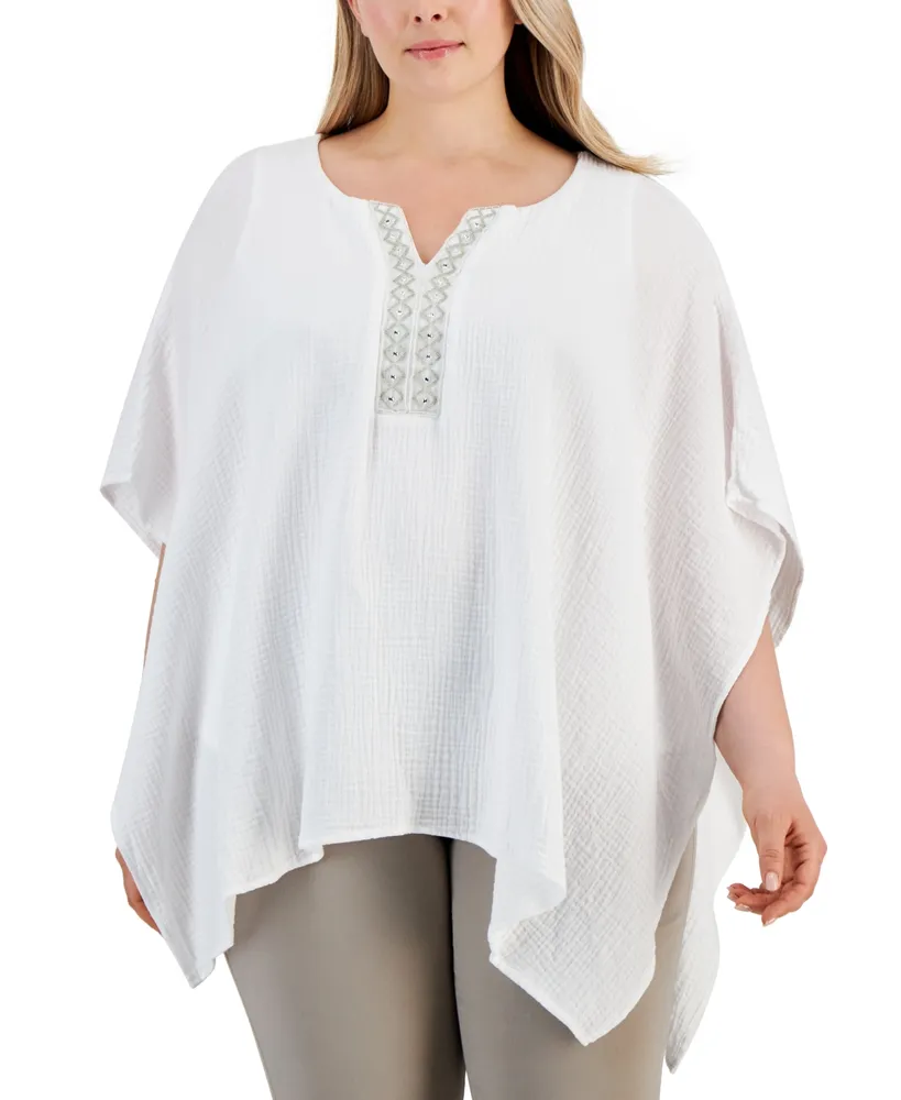 Jm Collection Plus Beaded-Neck Gauze Top, Created for Macy's