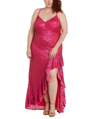 Morgan & Company Trendy Plus Sequin Ruffled High-Low Gown