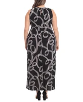 London Times Plus Size Halter Keyhole Printed Maxi Dress