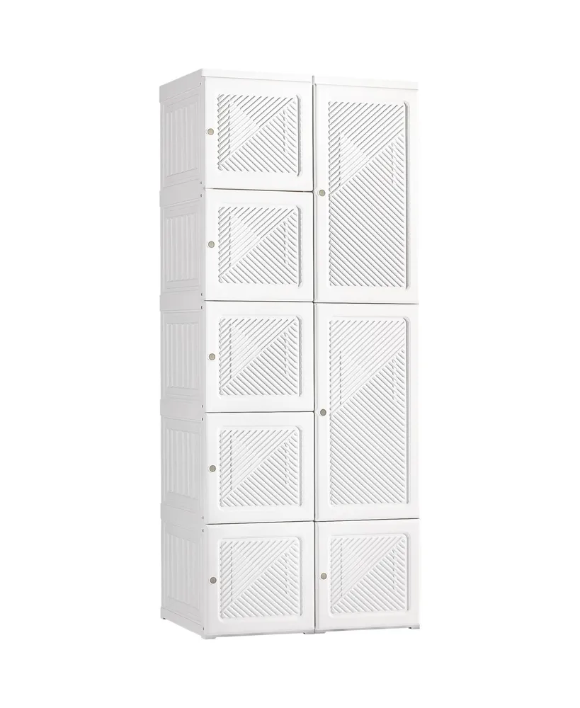 Homcom Portable Wardrobe Closet, Folding Bedroom Armoire, Clothes Storage Organizer with Cube Compartments, Hanging Rod, Magnet Doors, White